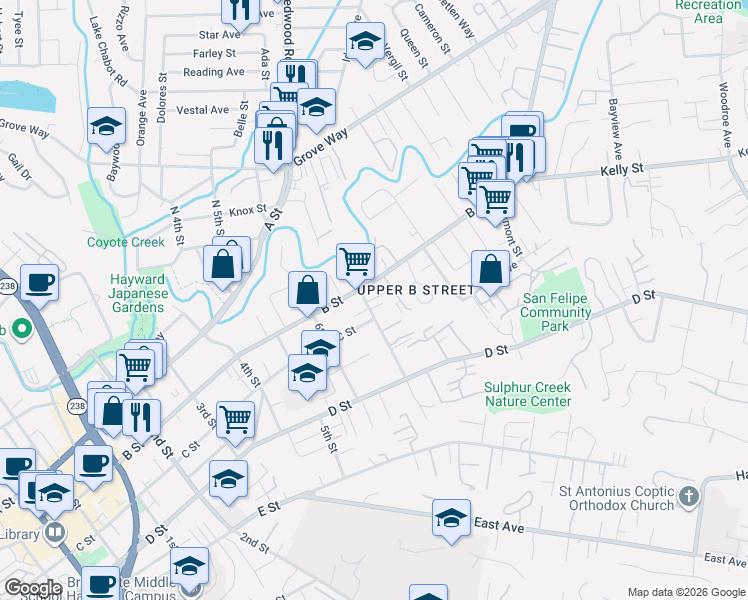 map of restaurants, bars, coffee shops, grocery stores, and more near 1711 B Street in Hayward
