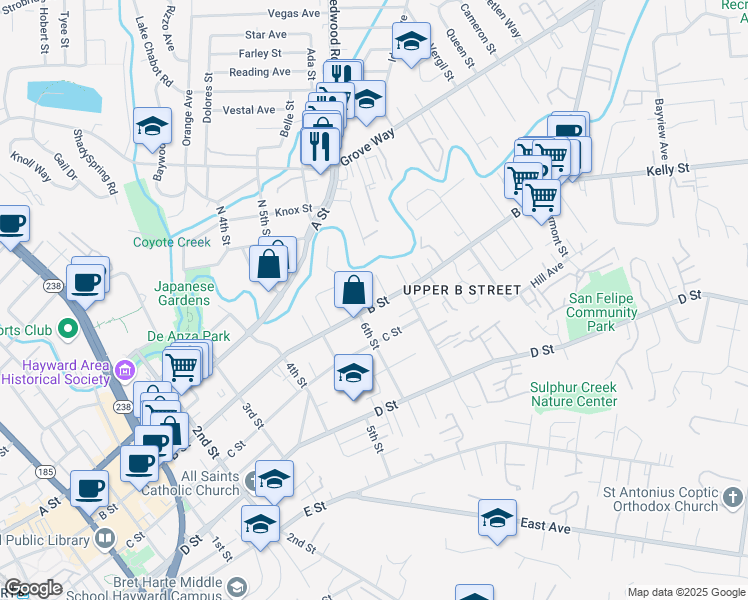 map of restaurants, bars, coffee shops, grocery stores, and more near in Hayward