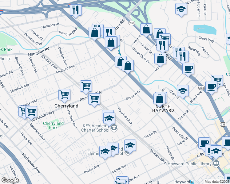 map of restaurants, bars, coffee shops, grocery stores, and more near 21327 Cambra Court in Hayward