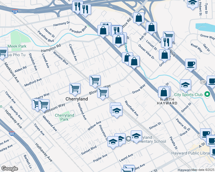 map of restaurants, bars, coffee shops, grocery stores, and more near 774 Blossom Way in Hayward