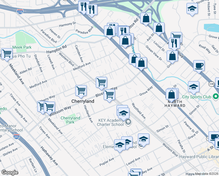 map of restaurants, bars, coffee shops, grocery stores, and more near 774 Blossom Way in Hayward