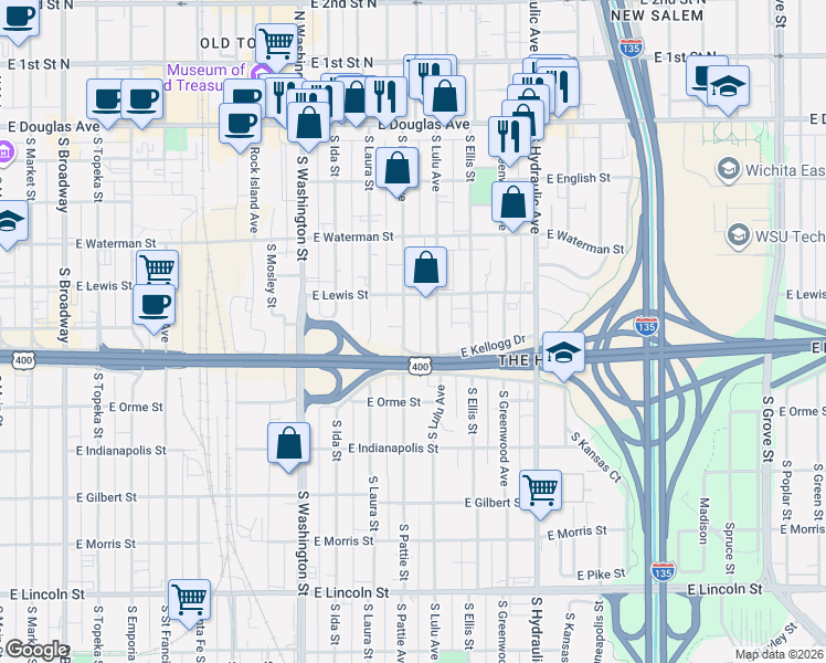 map of restaurants, bars, coffee shops, grocery stores, and more near 421 South Lulu Street in Wichita
