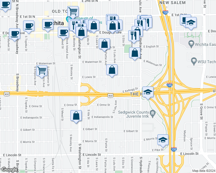 map of restaurants, bars, coffee shops, grocery stores, and more near 421 South Lulu Street in Wichita