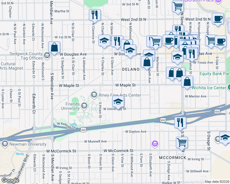 map of restaurants, bars, coffee shops, grocery stores, and more near 421 South Vine Street in Wichita