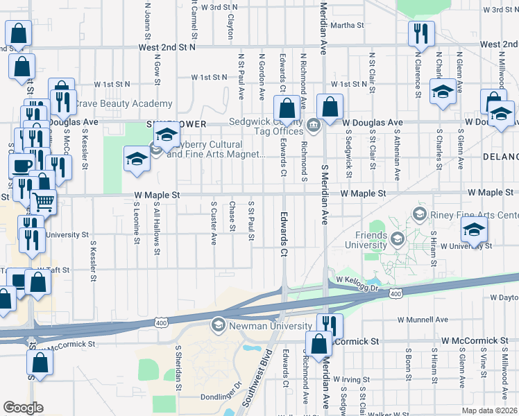 map of restaurants, bars, coffee shops, grocery stores, and more near 316 Saint Paul South Street in Wichita