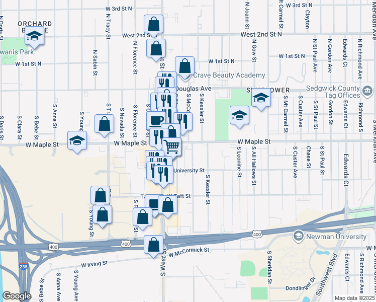 map of restaurants, bars, coffee shops, grocery stores, and more near 3825 West Maple Street in Wichita