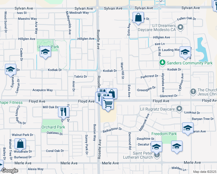 map of restaurants, bars, coffee shops, grocery stores, and more near 3055 Floyd Avenue in Modesto