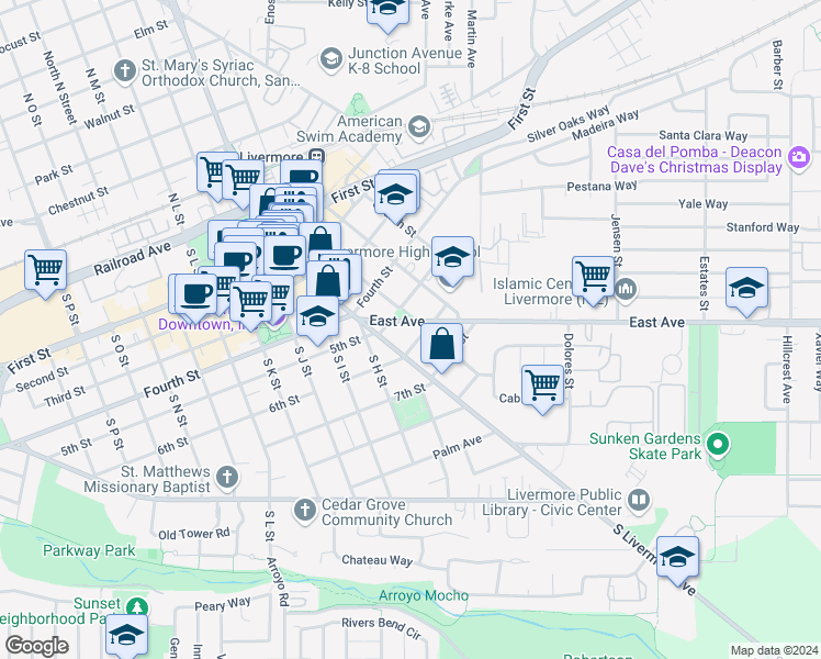 map of restaurants, bars, coffee shops, grocery stores, and more near 561 McLeod Street in Livermore
