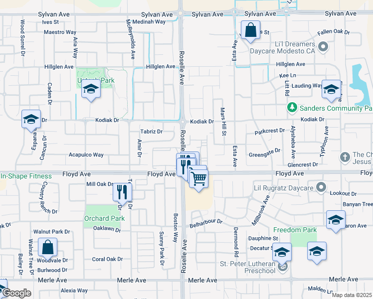 map of restaurants, bars, coffee shops, grocery stores, and more near 2724 Roselle Avenue in Modesto