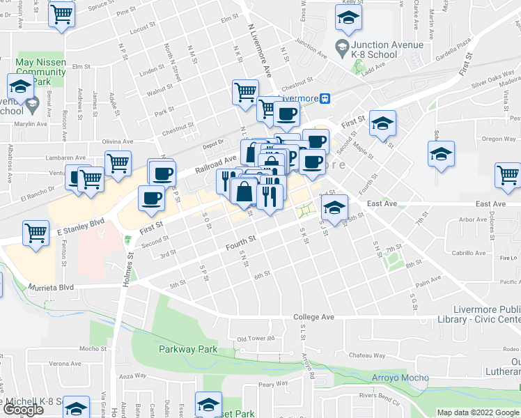 map of restaurants, bars, coffee shops, grocery stores, and more near 1959 Second Street in Livermore