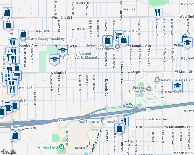 map of restaurants, bars, coffee shops, grocery stores, and more near 316 Saint Paul South Street in Wichita