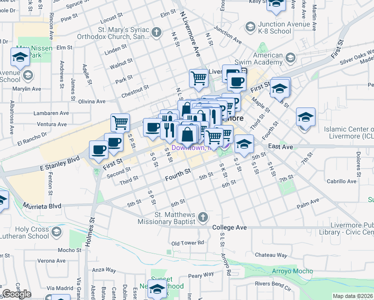 map of restaurants, bars, coffee shops, grocery stores, and more near 1915 Second Street in Livermore