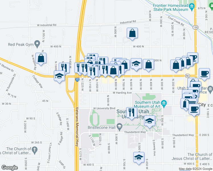 map of restaurants, bars, coffee shops, grocery stores, and more near 145 North 900 West in Cedar City