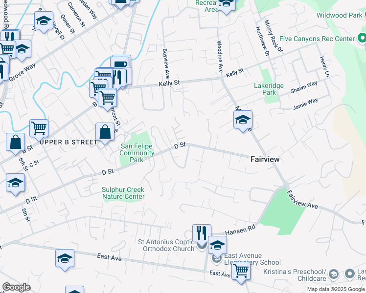 map of restaurants, bars, coffee shops, grocery stores, and more near 2333 D Street in Hayward
