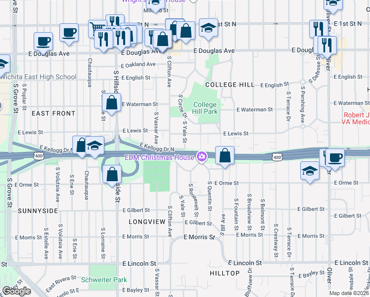 map of restaurants, bars, coffee shops, grocery stores, and more near 5200 East Kellogg Drive North in Wichita