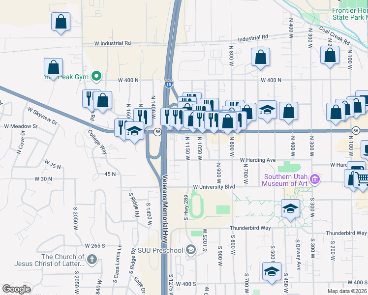 map of restaurants, bars, coffee shops, grocery stores, and more near 147 North 1150 West in Cedar City
