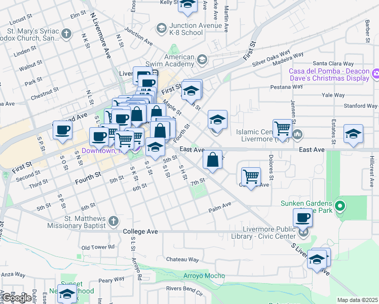 map of restaurants, bars, coffee shops, grocery stores, and more near 2557 5th Street in Livermore