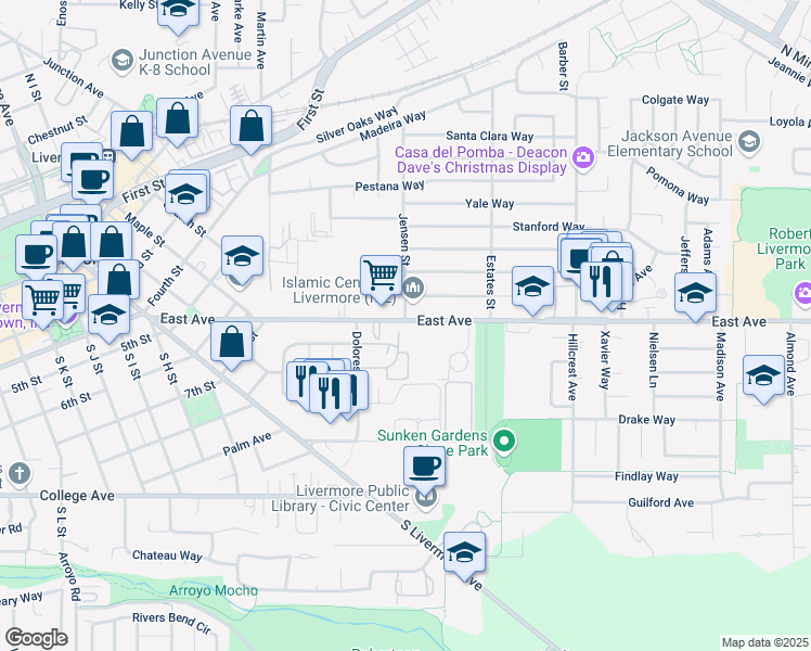 map of restaurants, bars, coffee shops, grocery stores, and more near 3787 East Avenue in Livermore