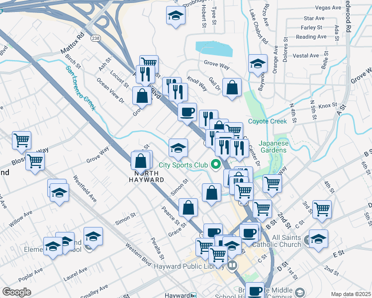 map of restaurants, bars, coffee shops, grocery stores, and more near 1124 Rex Road in Hayward