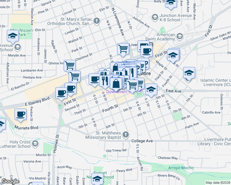 map of restaurants, bars, coffee shops, grocery stores, and more near 1915 Second Street in Livermore