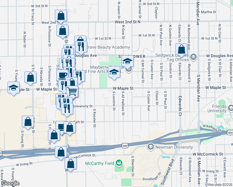 map of restaurants, bars, coffee shops, grocery stores, and more near 308 Leonine South Street in Wichita