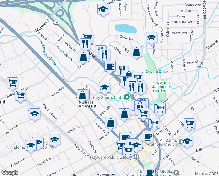 map of restaurants, bars, coffee shops, grocery stores, and more near 1124 Rex Road in Hayward