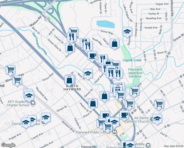 map of restaurants, bars, coffee shops, grocery stores, and more near 1111 Oakview Avenue in Hayward