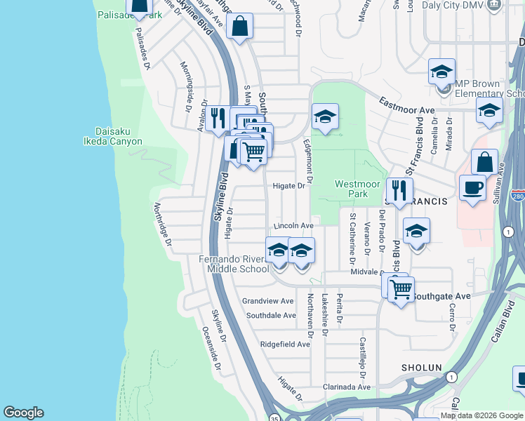 map of restaurants, bars, coffee shops, grocery stores, and more near in Broadmoor