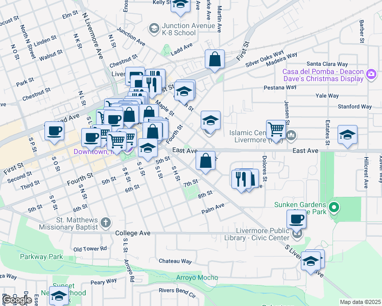 map of restaurants, bars, coffee shops, grocery stores, and more near 2668 East Avenue in Livermore