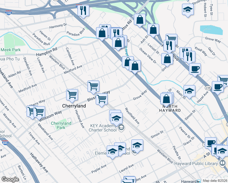 map of restaurants, bars, coffee shops, grocery stores, and more near 823 Blossom Way in Hayward