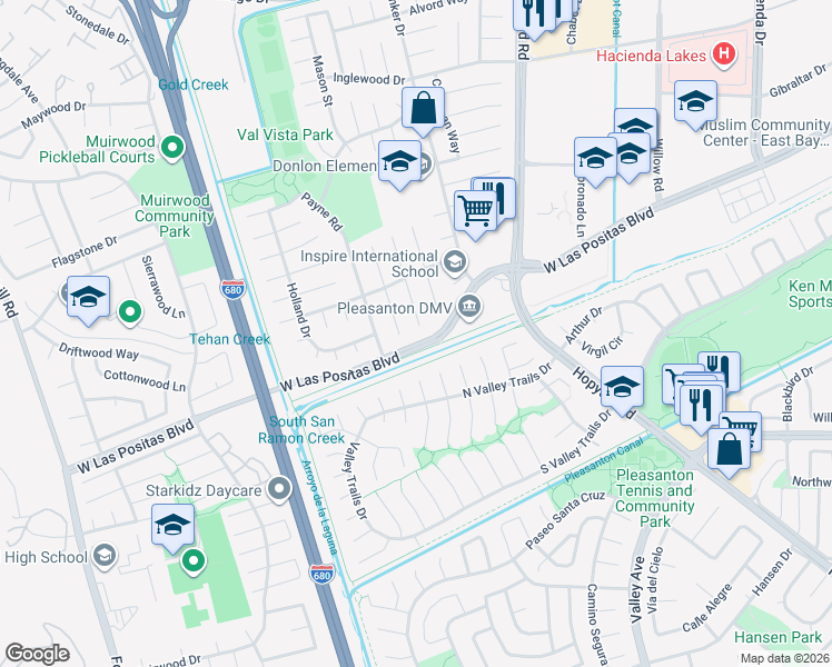 map of restaurants, bars, coffee shops, grocery stores, and more near 3920 Empire Court in Pleasanton
