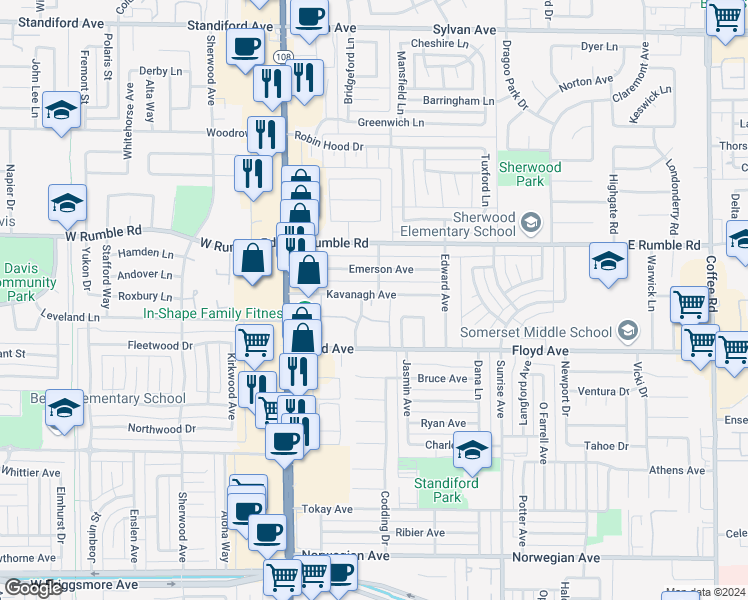 map of restaurants, bars, coffee shops, grocery stores, and more near 305 Kavanagh Avenue in Modesto