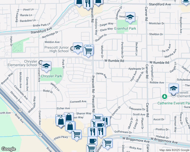 map of restaurants, bars, coffee shops, grocery stores, and more near 2616 Chester Drive in Modesto