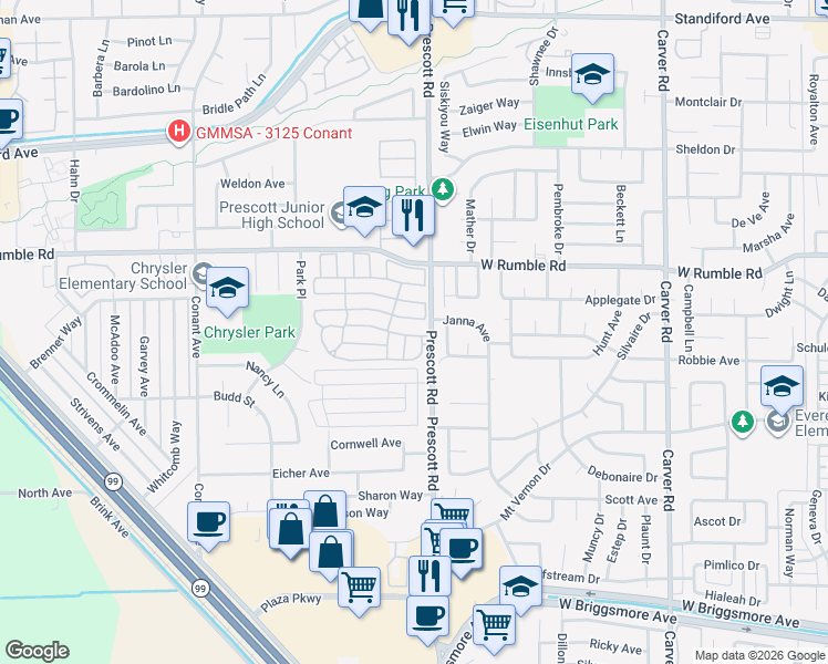 map of restaurants, bars, coffee shops, grocery stores, and more near 2617 Chester Drive in Modesto