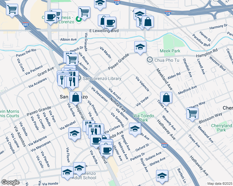 map of restaurants, bars, coffee shops, grocery stores, and more near 16150 Via Arroyo in San Lorenzo