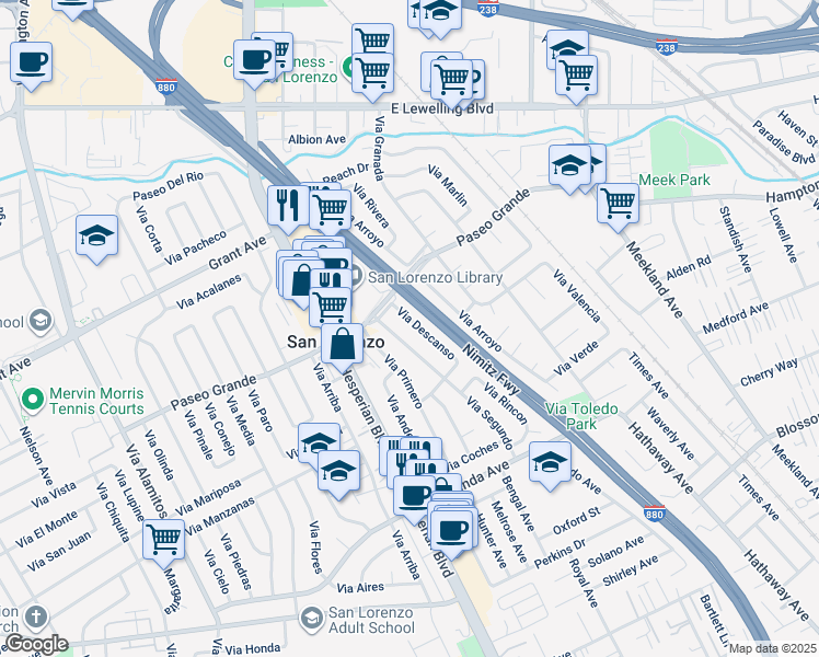 map of restaurants, bars, coffee shops, grocery stores, and more near 16043 Via Descanso in San Lorenzo