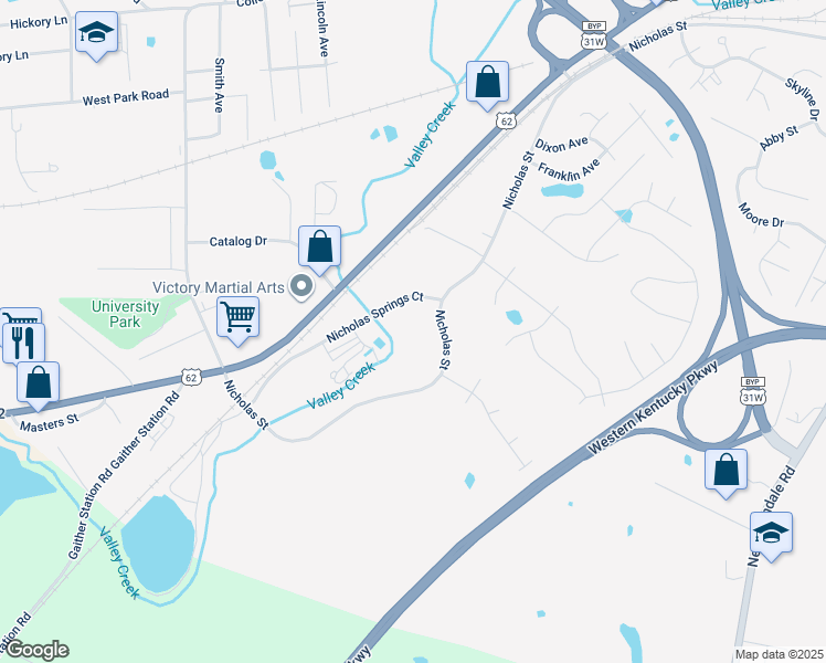 map of restaurants, bars, coffee shops, grocery stores, and more near Waterworks Drive in Elizabethtown