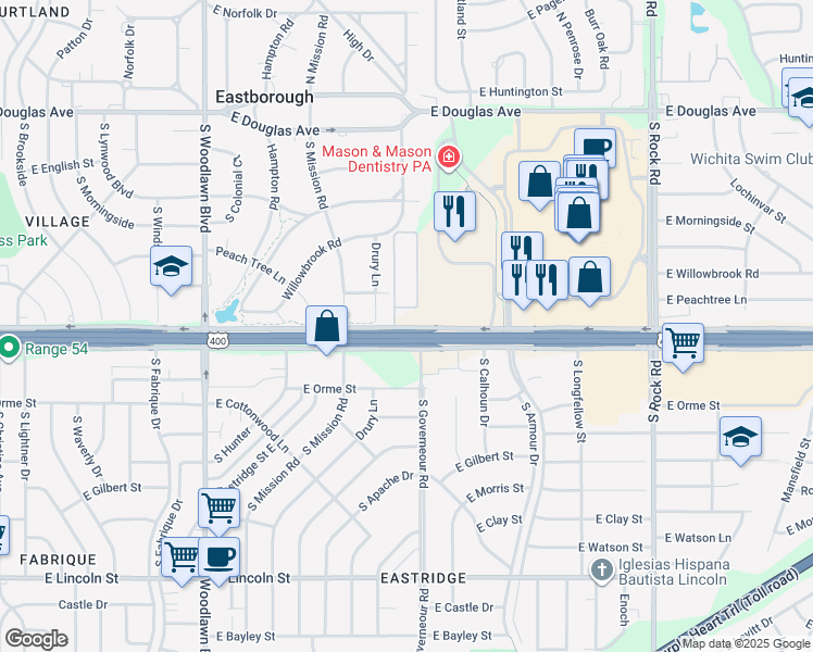 map of restaurants, bars, coffee shops, grocery stores, and more near 7202 East Kellogg Drive in Wichita