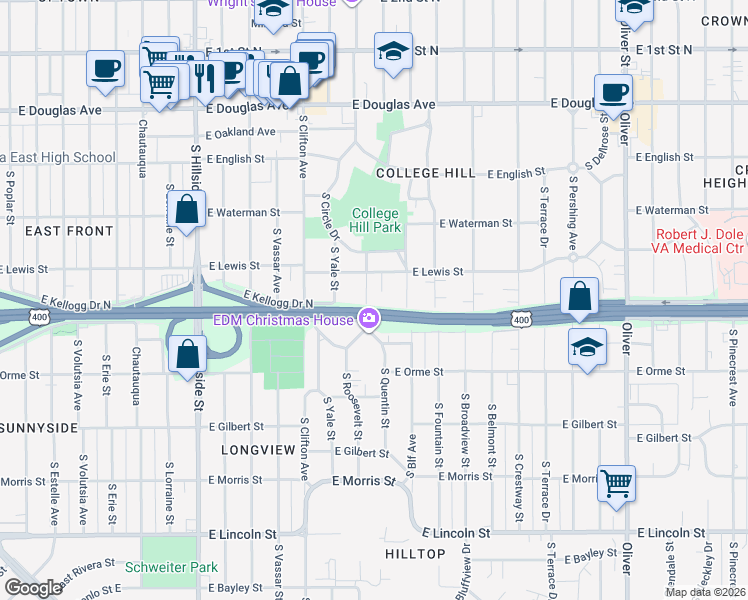 map of restaurants, bars, coffee shops, grocery stores, and more near 422 South Roosevelt Street in Wichita