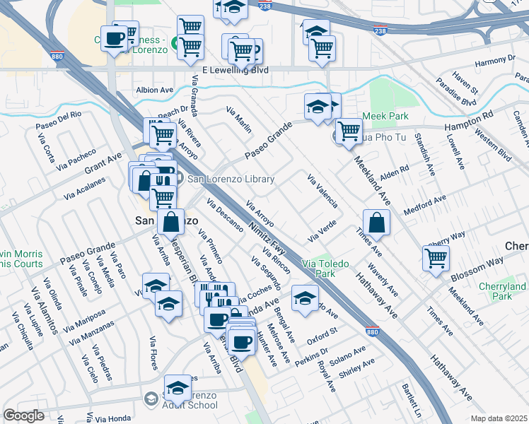 map of restaurants, bars, coffee shops, grocery stores, and more near 16150 Via Arroyo in San Lorenzo