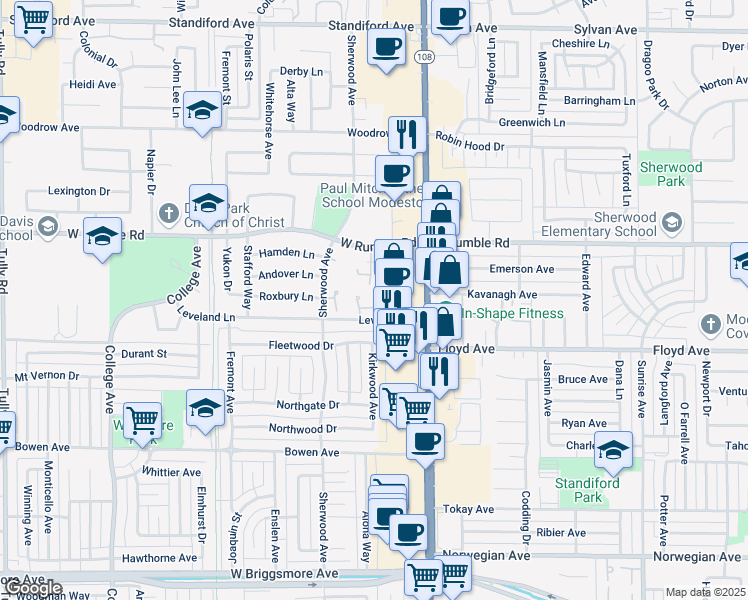 map of restaurants, bars, coffee shops, grocery stores, and more near 241 Leveland Lane in Modesto