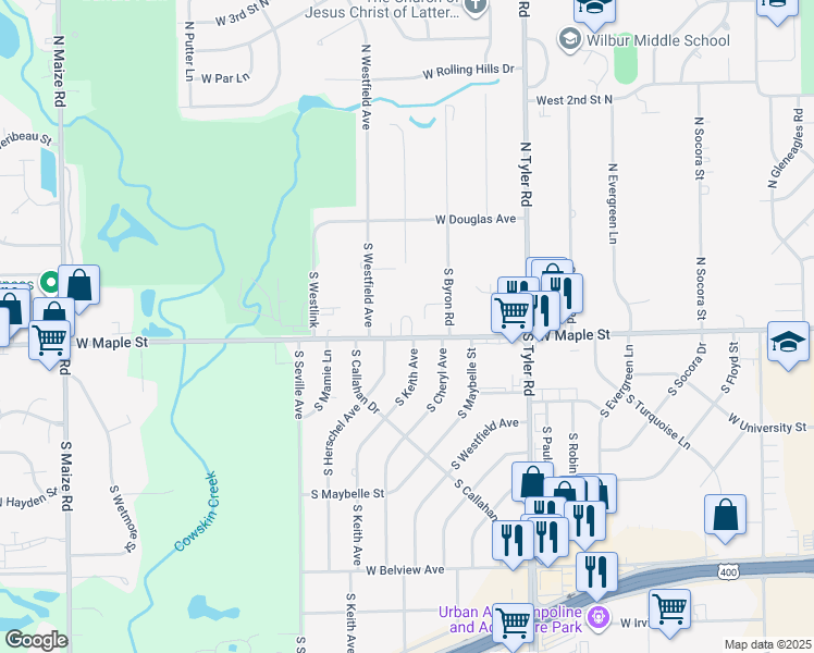 map of restaurants, bars, coffee shops, grocery stores, and more near 9204 West Maple Street in Wichita