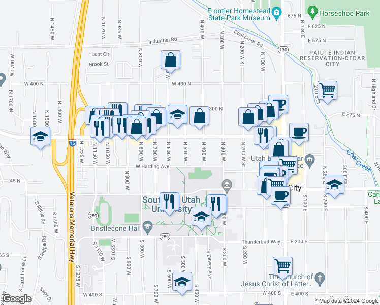 map of restaurants, bars, coffee shops, grocery stores, and more near 156 North 500 West in Cedar City