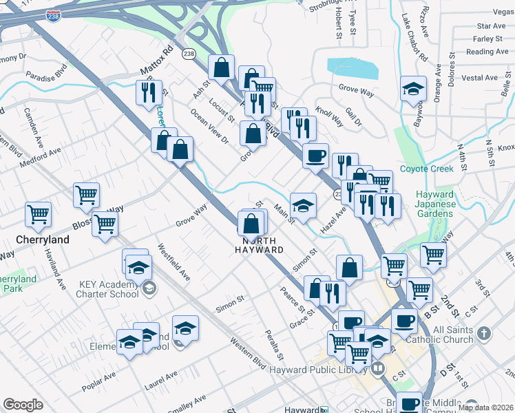 map of restaurants, bars, coffee shops, grocery stores, and more near Rose Street & Prospect Court in Hayward