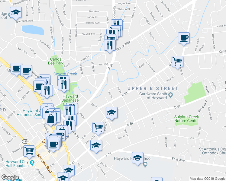 map of restaurants, bars, coffee shops, grocery stores, and more near 1553 Stafford Avenue in Hayward