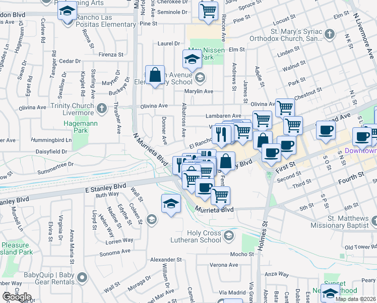 map of restaurants, bars, coffee shops, grocery stores, and more near 821 El Rancho Drive in Livermore