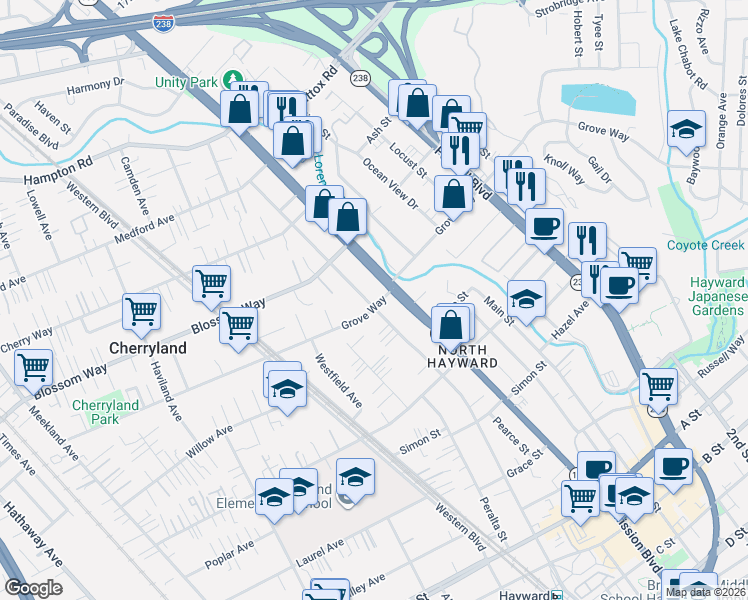 map of restaurants, bars, coffee shops, grocery stores, and more near 21457 Montgomery Avenue in Hayward
