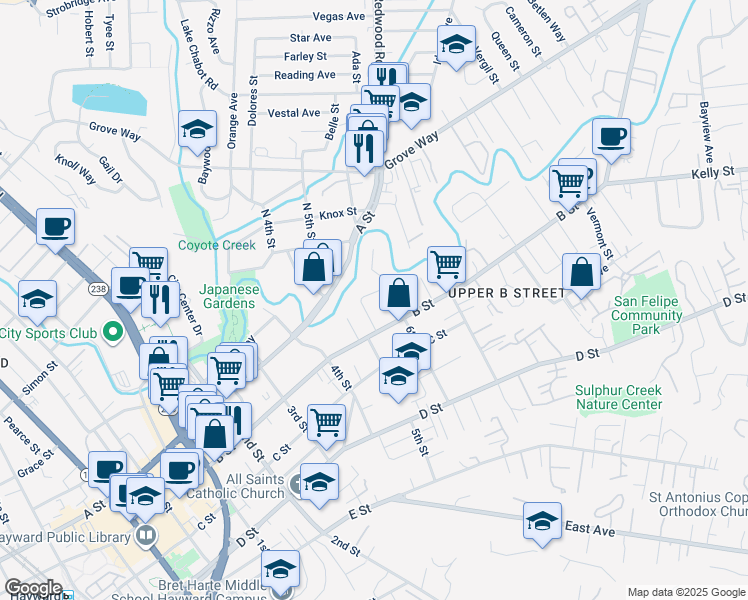 map of restaurants, bars, coffee shops, grocery stores, and more near 1553 Stafford Avenue in Hayward