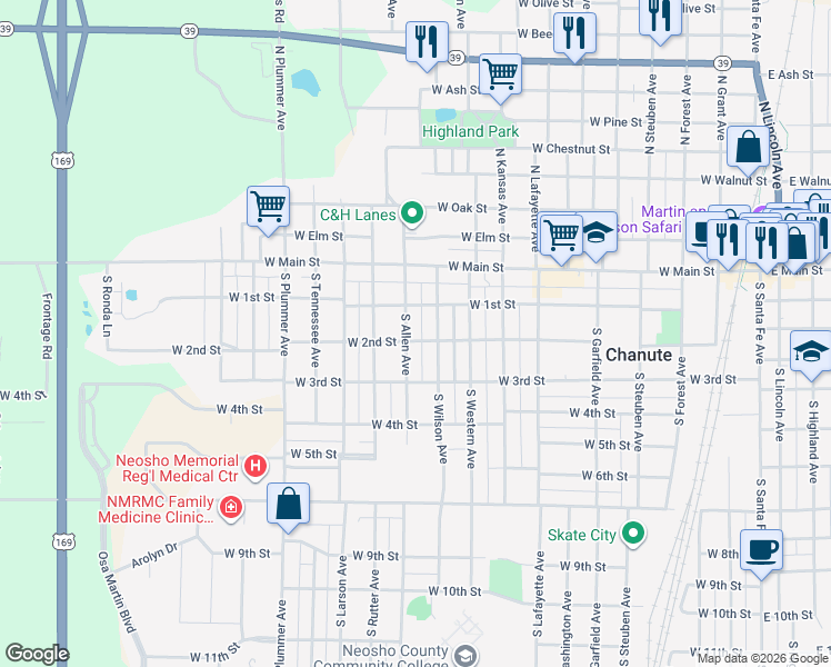 map of restaurants, bars, coffee shops, grocery stores, and more near 100-198 South Allen Avenue in Chanute