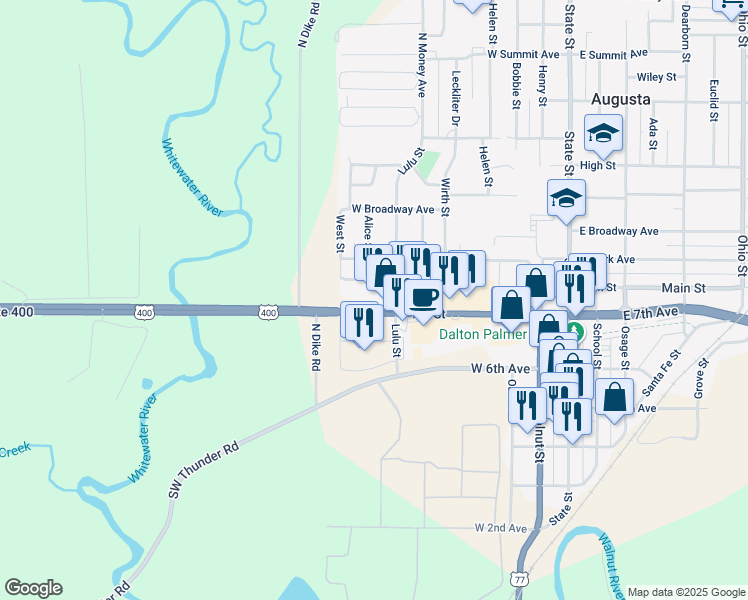 map of restaurants, bars, coffee shops, grocery stores, and more near 718 West 7th Avenue in Augusta